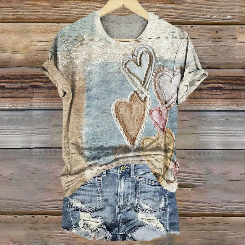 Nikola / Vintage'owy T-Shirt Z Nadrukiem Serca