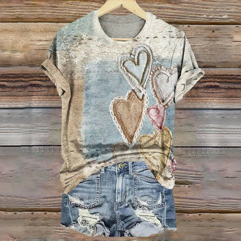 Nikola / Vintage'owy T-Shirt Z Nadrukiem Serca