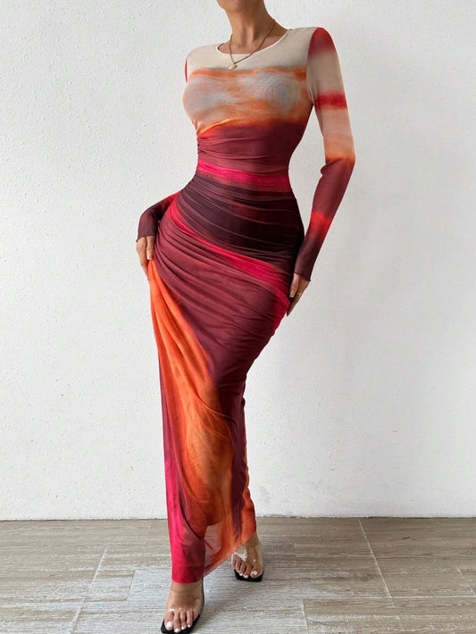 Sukienka maxi z marszczeniami tie-dye