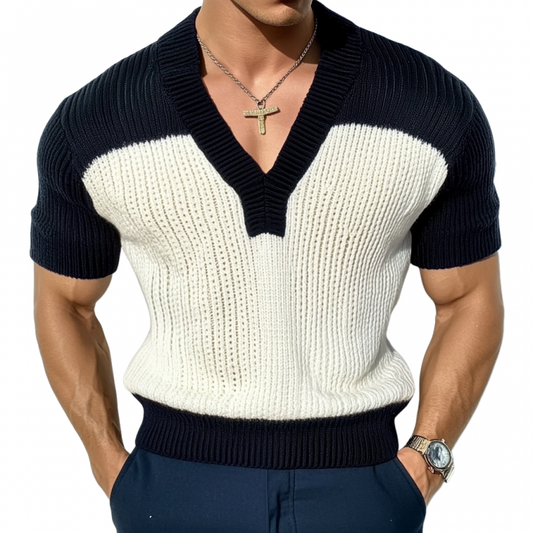 Męski casualowy sweter T-shirt w kontrastowym kolorze z krótkim rękawem i dekoltem w serek, dopasowany krój