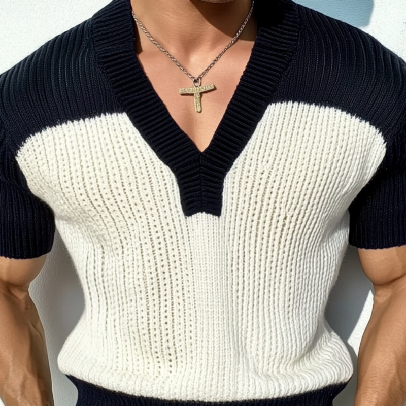 Męski casualowy sweter T-shirt w kontrastowym kolorze z krótkim rękawem i dekoltem w serek, dopasowany krój