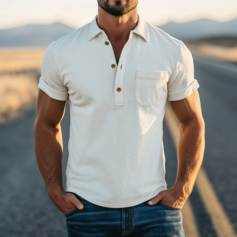 Męska wiosenna, tkana koszulka polo z krótkim rękawem w stylu retro western fashion