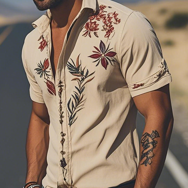 Męska wiosenno-letnia, modna, zamszowa koszula z krótkim rękawem w stylu retro western, haftowana