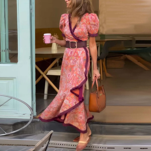 Sylwia | Elegancka różowa sukienka maxi z krótkim rękawem