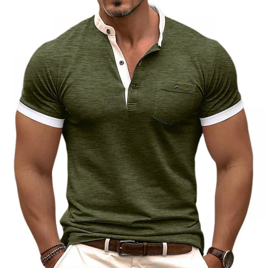 Męska, casualowa, bawełniana koszulka typu henley z blokami kolorów, z naszywanymi kieszeniami i krótkim rękawem, slim fit