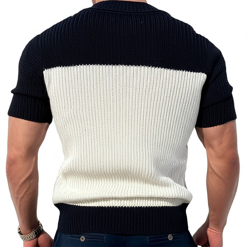 Męski casualowy sweter T-shirt w kontrastowym kolorze z krótkim rękawem i dekoltem w serek, dopasowany krój