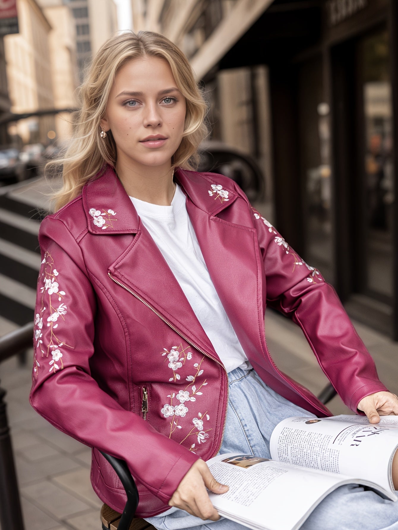 Daria / Elegancka Damska Kurtka Motocyklowa Z Kwiatowym Haftem