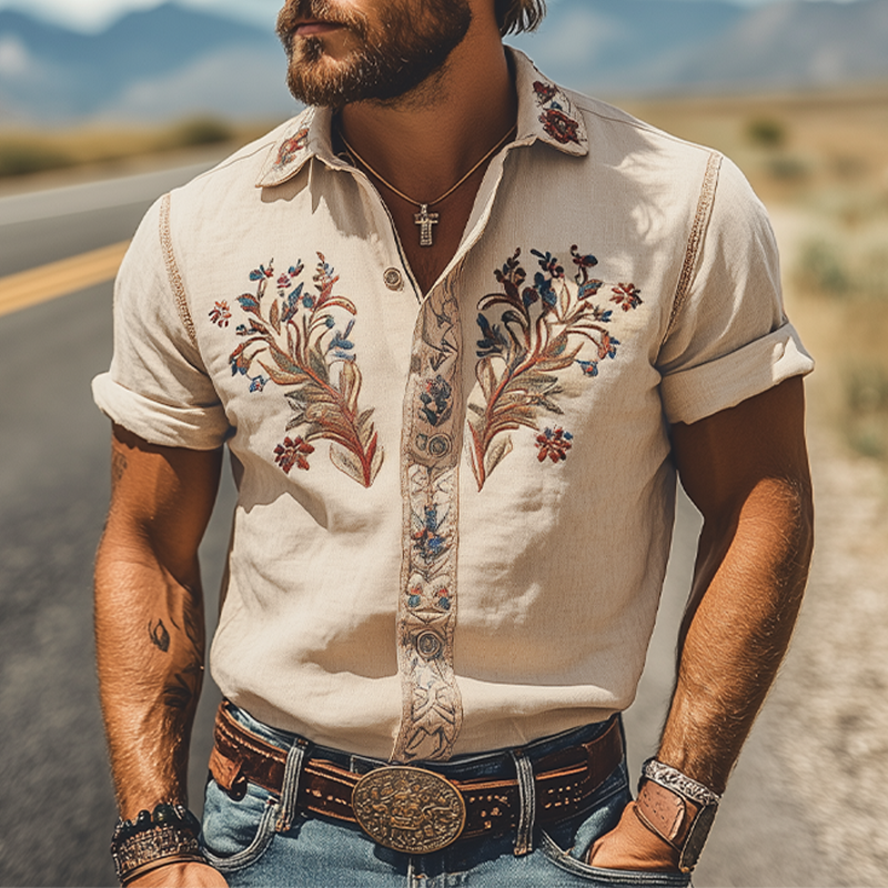 Męska letnia, modna, klasyczna, haftowana koszula z bawełny i lnu w stylu retro western, z krótkim rękawem