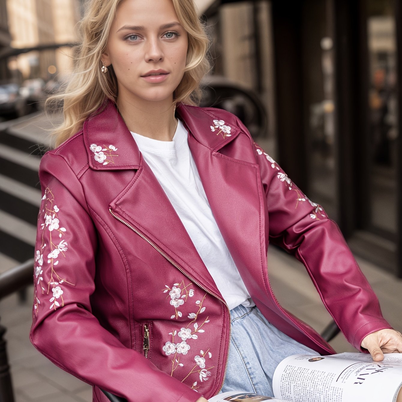 Daria / Elegancka Damska Kurtka Motocyklowa Z Kwiatowym Haftem