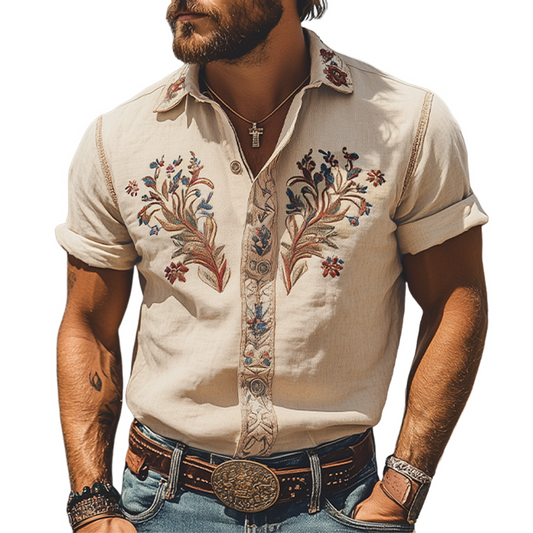 Męska letnia, modna, klasyczna, haftowana koszula z bawełny i lnu w stylu retro western, z krótkim rękawem