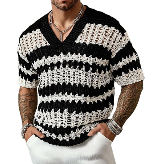 Męski dzianinowy sweter T-shirt w kontrastowym kolorze z krótkim rękawem i dekoltem w serek