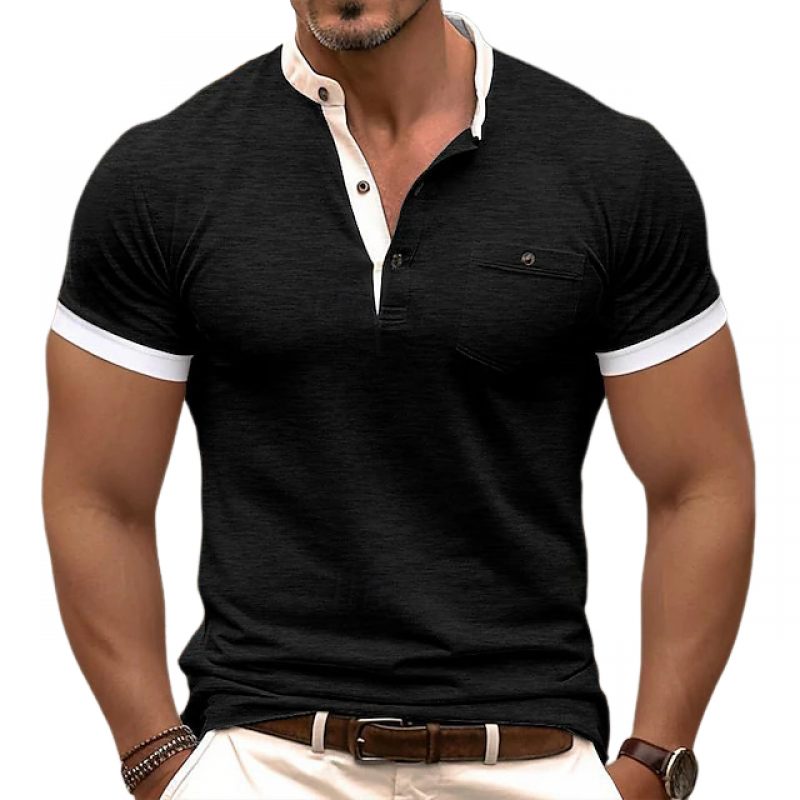 Męska, casualowa, bawełniana koszulka typu henley z blokami kolorów, z naszywanymi kieszeniami i krótkim rękawem, slim fit