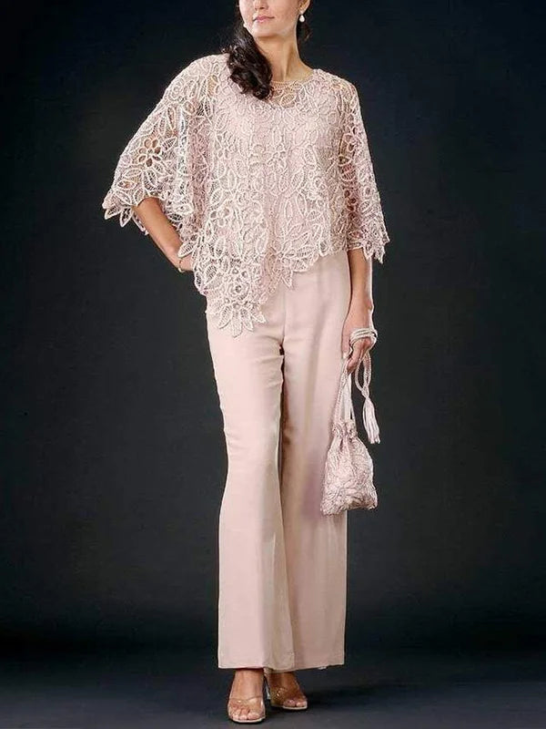 Koronkowy Zestaw: Bluzka z Okrągłym Dekoltem i Spodnie