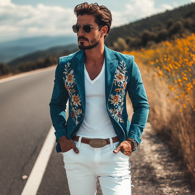 Męska klasyczna marynarka retro casual slim fit w stylu western z haftem z owczej skóry, zamszowa