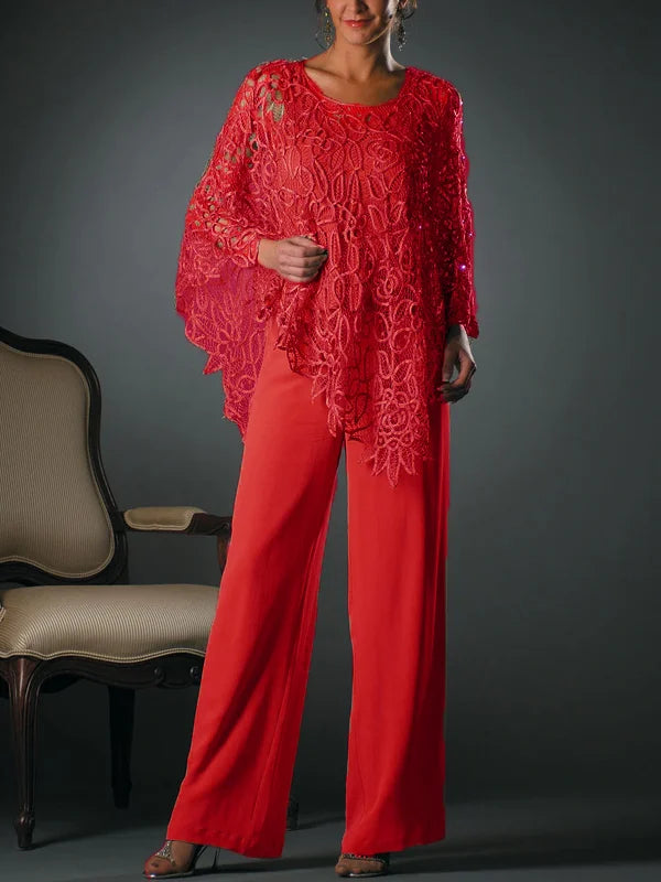 Koronkowy Zestaw: Bluzka z Okrągłym Dekoltem i Spodnie