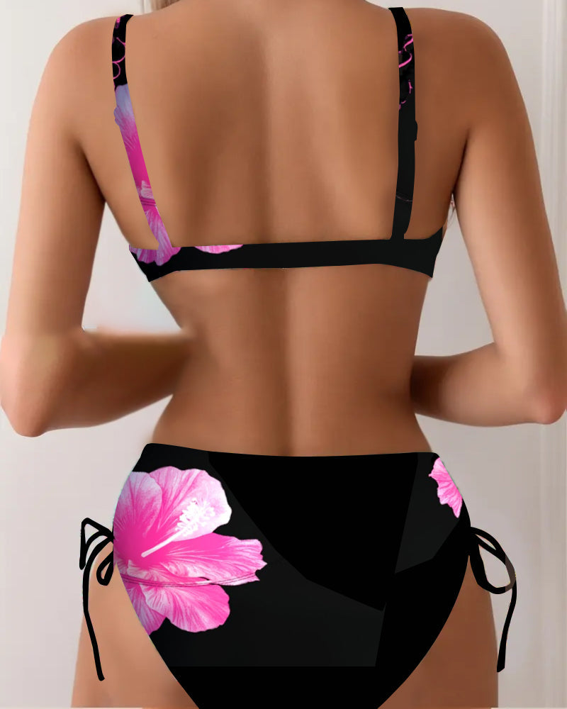 Bikini trójkątne sznurowane kwiatowy wzór
