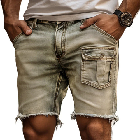 Męskie, vintage'owe, sprane, jeansowe szorty slim fit z wieloma kieszeniami