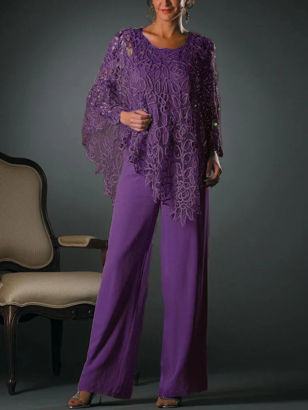 Koronkowy Zestaw: Bluzka z Okrągłym Dekoltem i Spodnie