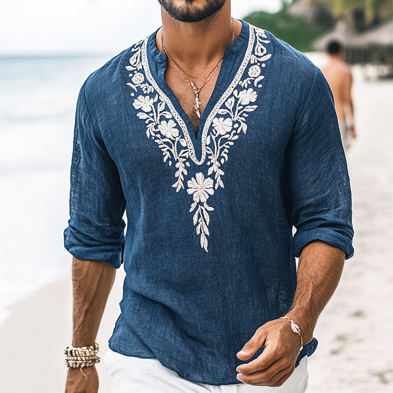Męska koszula vintage casual z haftowanym kołnierzykiem henley z bawełny i lnu z długim rękawem