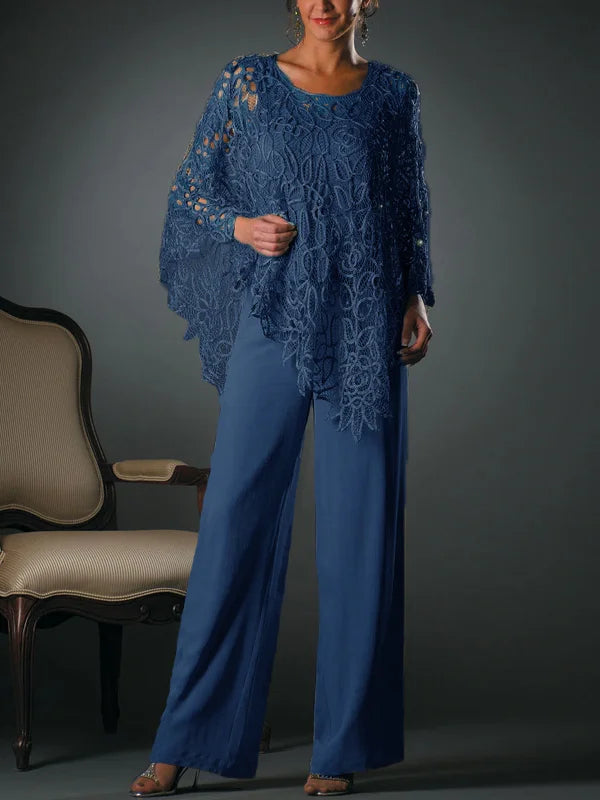 Koronkowy Zestaw: Bluzka z Okrągłym Dekoltem i Spodnie