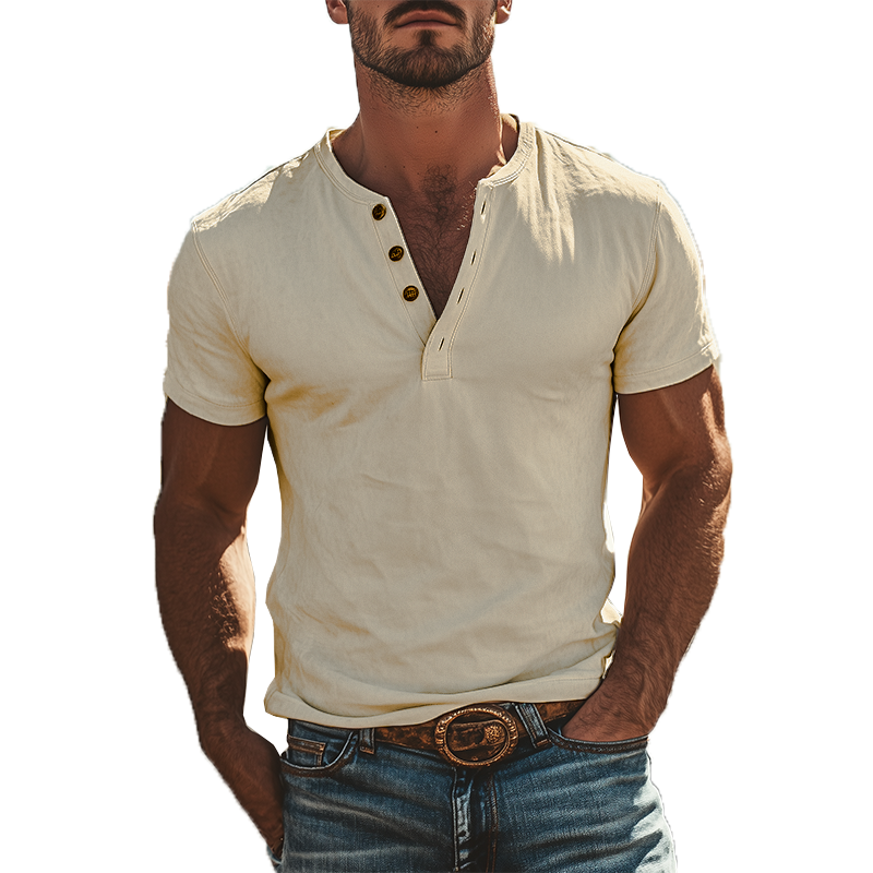 Męska klasyczna amerykańska koszulka z krótkim rękawem i kołnierzykiem henley vintage, zamszowa