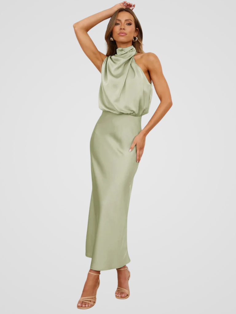 Élia™ | Sukienka midi z dekoltem w kształcie wodospadu i eleganckim drapowaniem