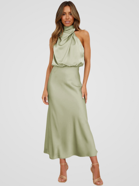 Élia™ | Sukienka midi z dekoltem w kształcie wodospadu i eleganckim drapowaniem