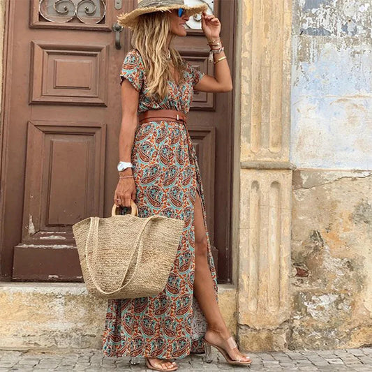 Klara | Boho długa sukienka z rozcięciem