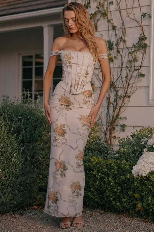 Miękka, niebieska, gorsetowa sukienka maxi w stylu vintage