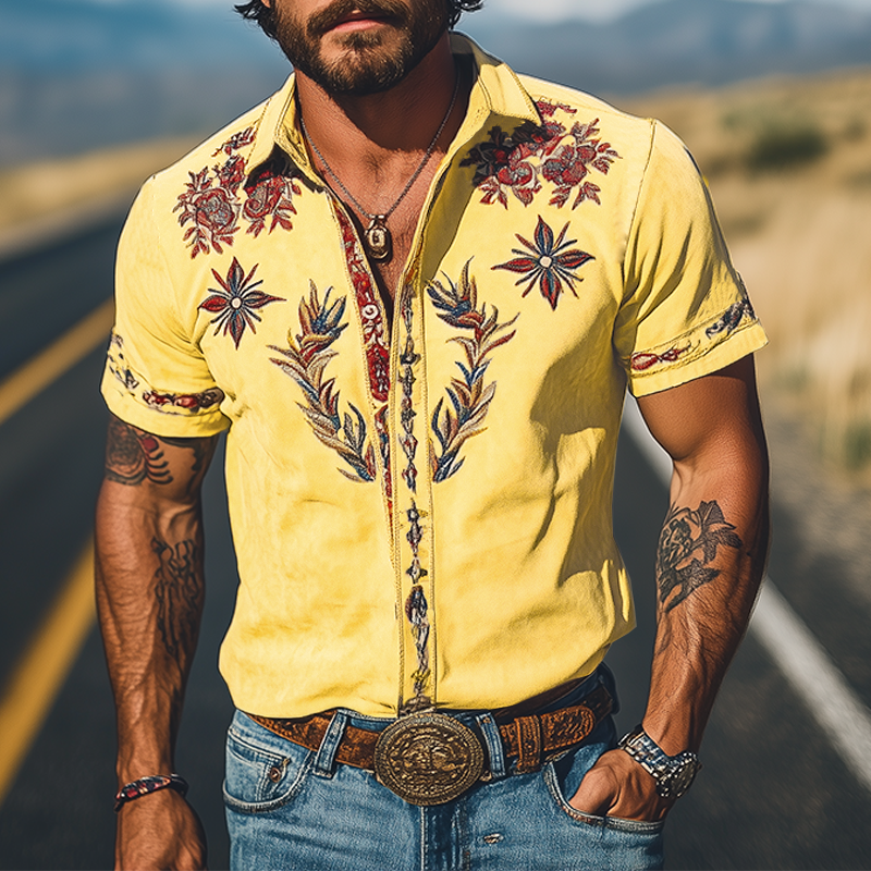 Męska wiosenno-letnia, modna, zamszowa koszula z krótkim rękawem w stylu retro western, haftowana