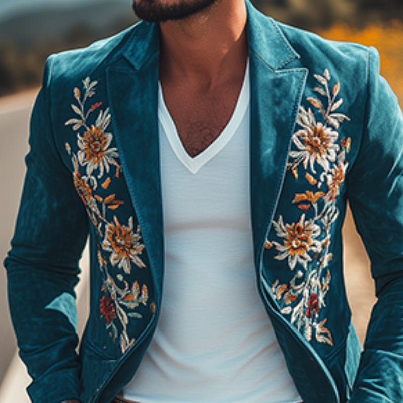 Męska klasyczna marynarka retro casual slim fit w stylu western z haftem z owczej skóry, zamszowa