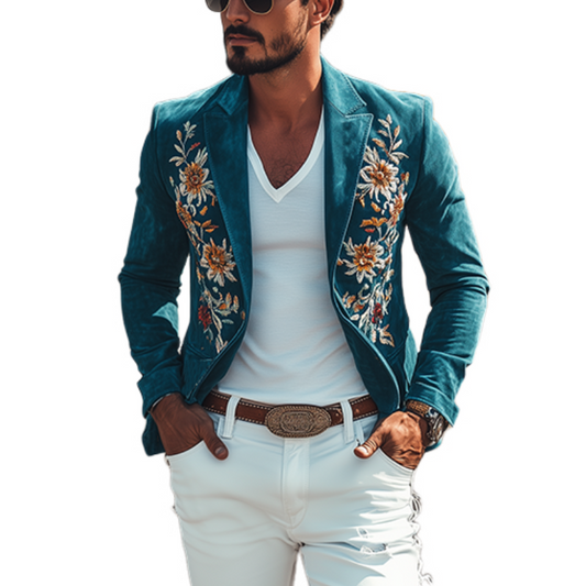 Męska klasyczna marynarka retro casual slim fit w stylu western z haftem z owczej skóry, zamszowa