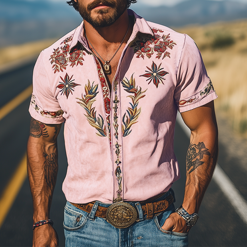Męska wiosenno-letnia, modna, zamszowa koszula z krótkim rękawem w stylu retro western, haftowana