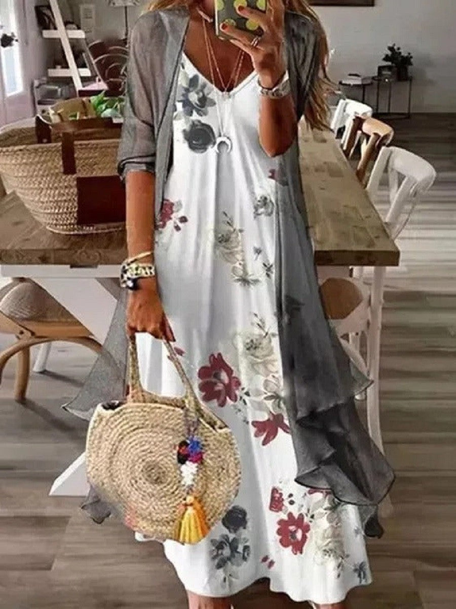 Czerwona Sukienka z Dekoltem w Serek i Kwiatami