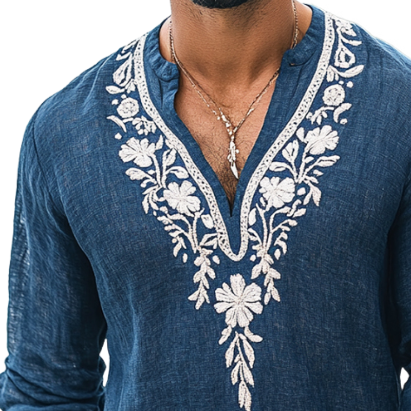 Męska koszula vintage casual z haftowanym kołnierzykiem henley z bawełny i lnu z długim rękawem