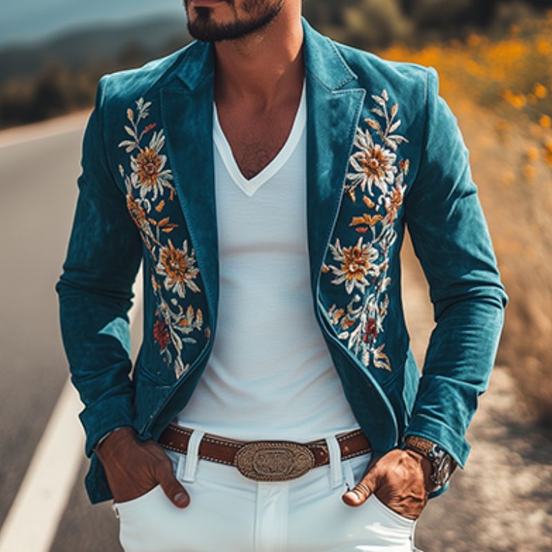 Męska klasyczna marynarka retro casual slim fit w stylu western z haftem z owczej skóry, zamszowa