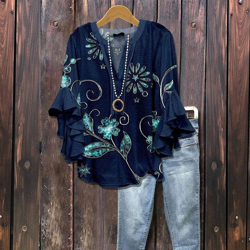 Alisha™ - Bluzka w stylu vintage z kwiatowym nadrukiem i eleganckim wzorem