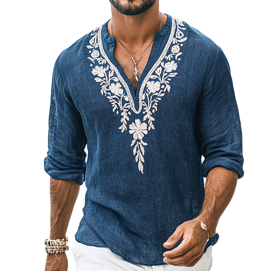 Męska koszula vintage casual z haftowanym kołnierzykiem henley z bawełny i lnu z długim rękawem