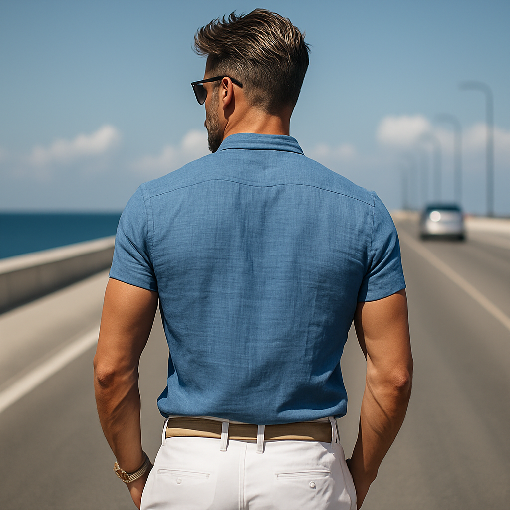 Męska koszula wiosenno-letnia, modna, casualowa, z mieszanki bawełny, kołnierzykiem stójką i krótkim rękawem, slim fit, zapinana na drewniane guziki