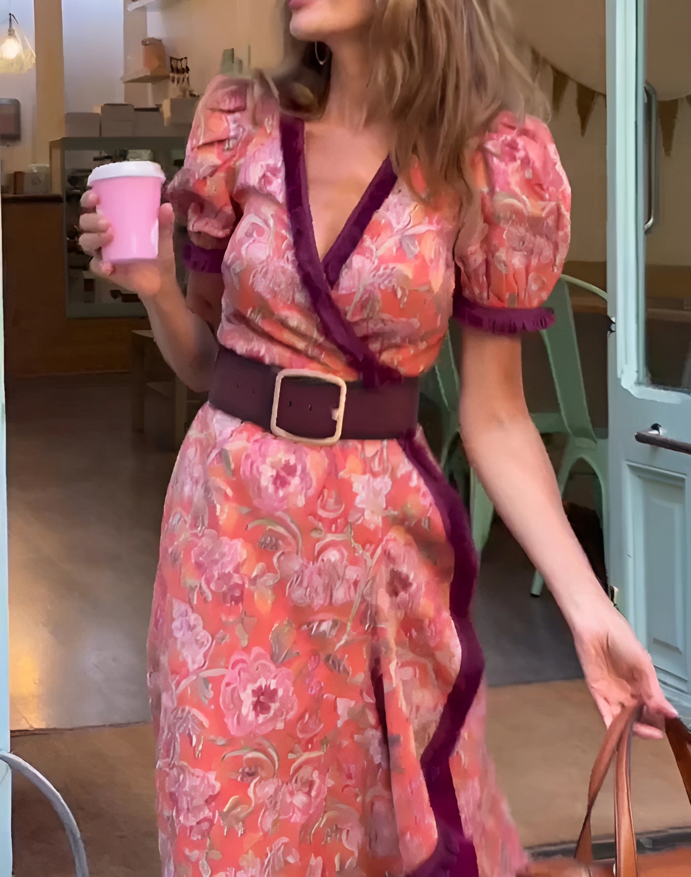 Sylwia | Elegancka różowa sukienka maxi z krótkim rękawem