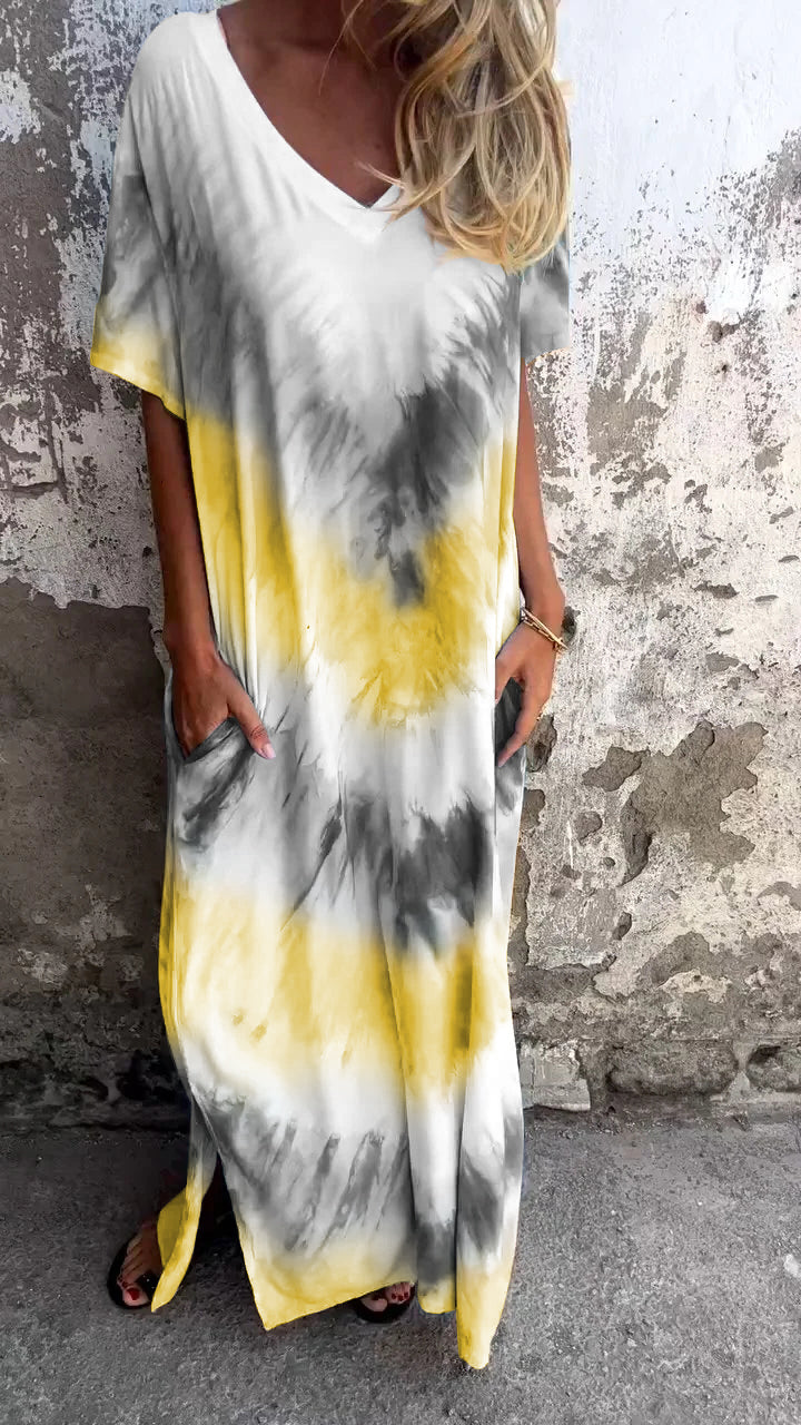 Długa, wygodna sukienka z dekoltem w serek tie-dye