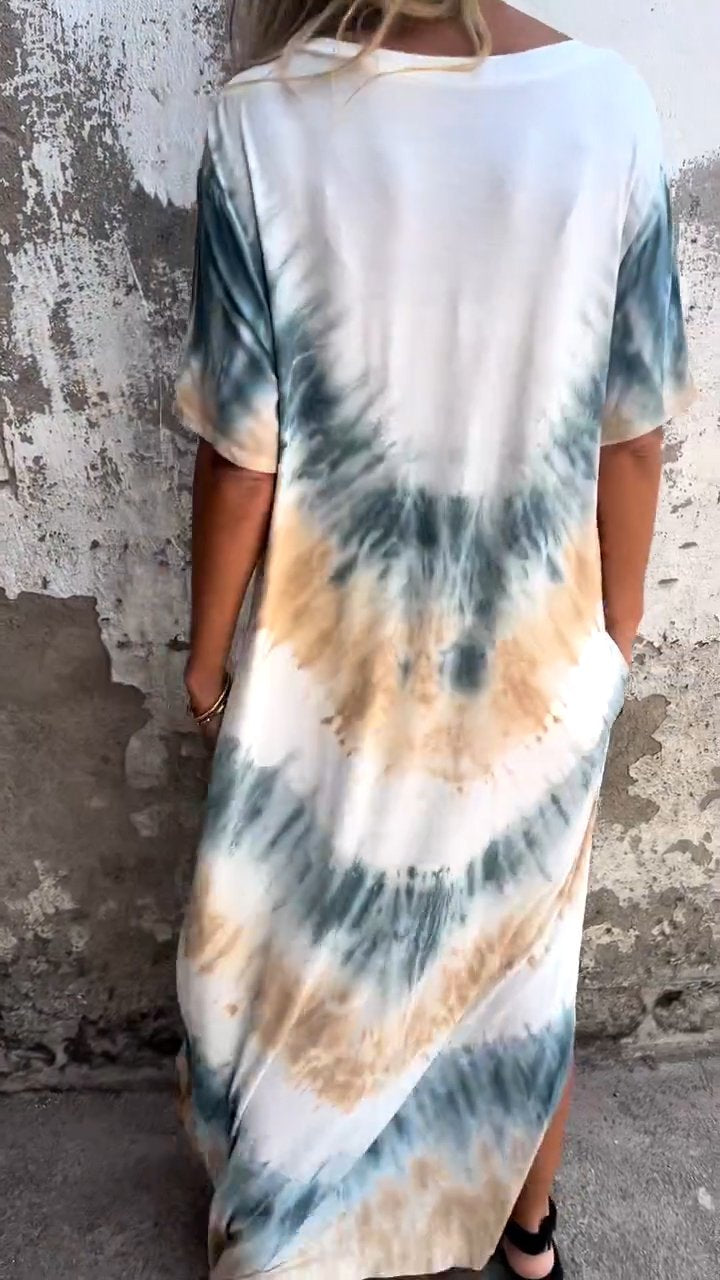 Długa, wygodna sukienka z dekoltem w serek tie-dye