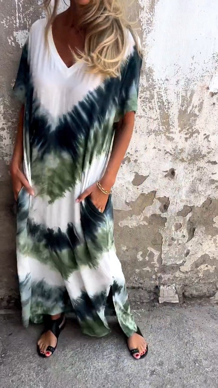 Długa, wygodna sukienka z dekoltem w serek tie-dye
