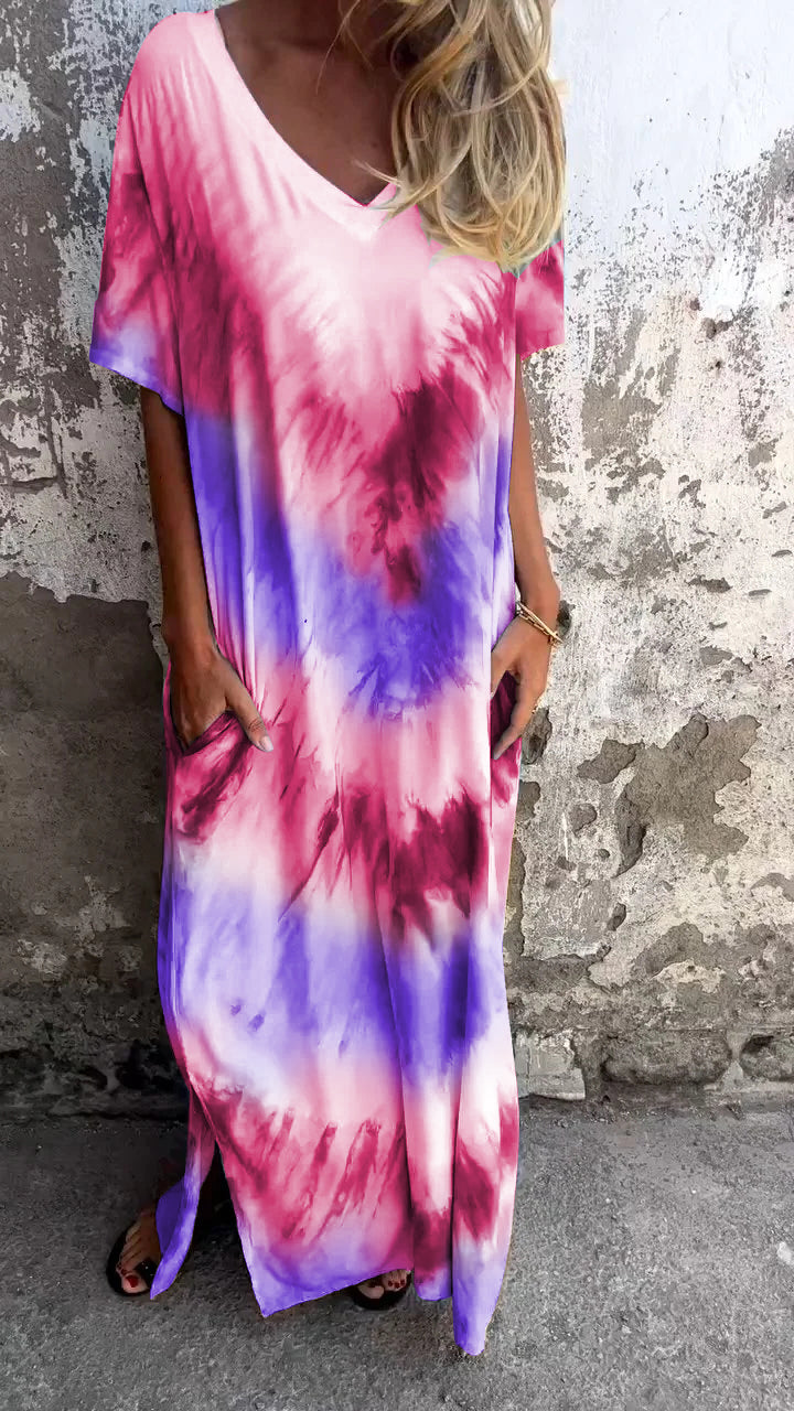 Długa, wygodna sukienka z dekoltem w serek tie-dye