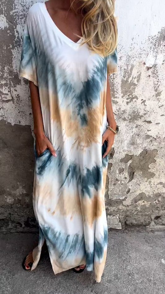 Długa, wygodna sukienka z dekoltem w serek tie-dye
