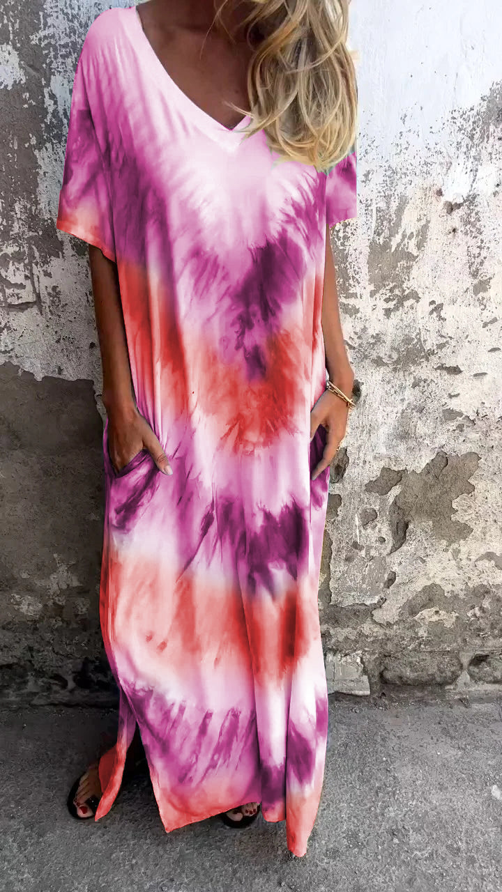 Długa, wygodna sukienka z dekoltem w serek tie-dye
