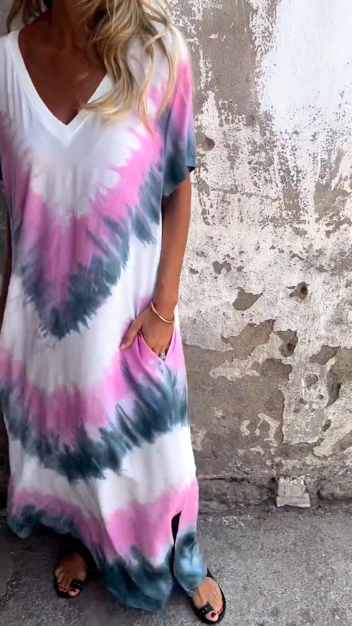 Długa, wygodna sukienka z dekoltem w serek tie-dye