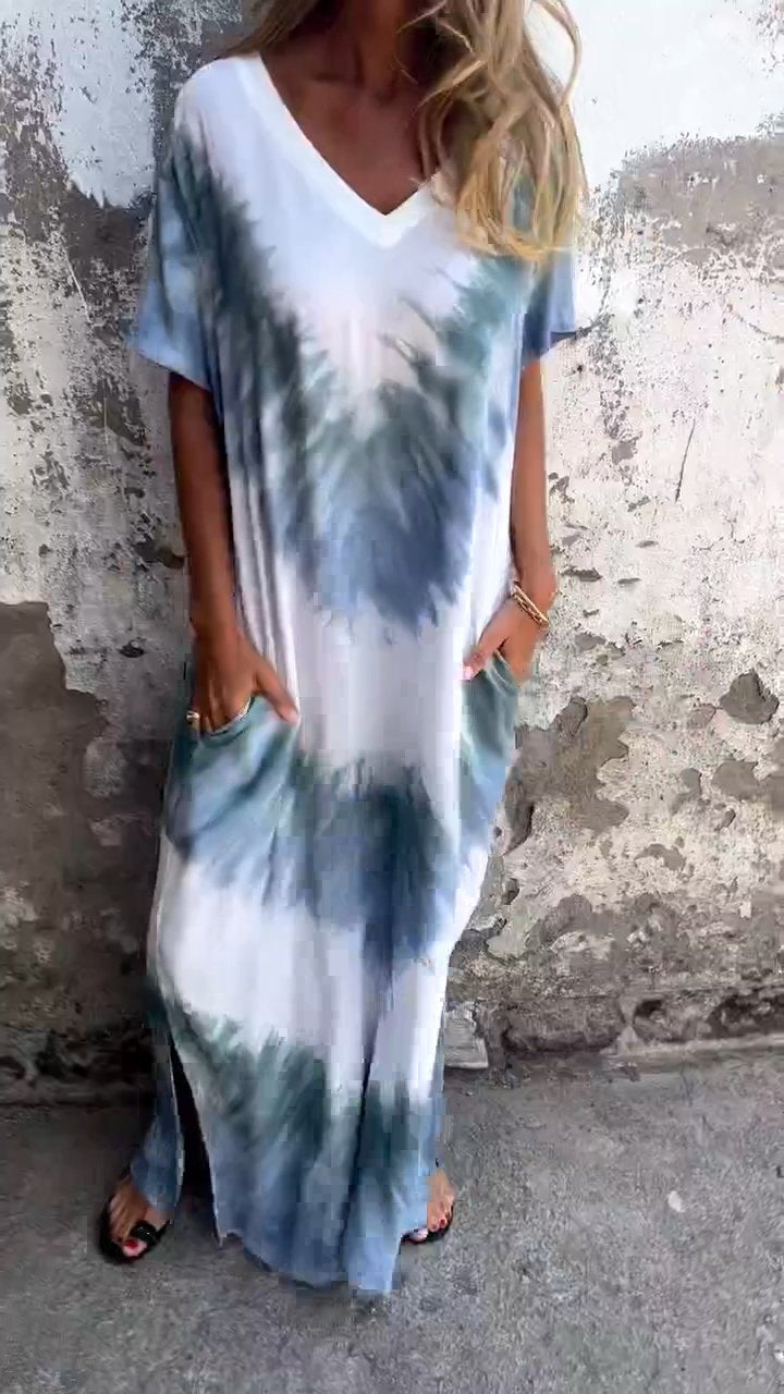 Długa, wygodna sukienka z dekoltem w serek tie-dye