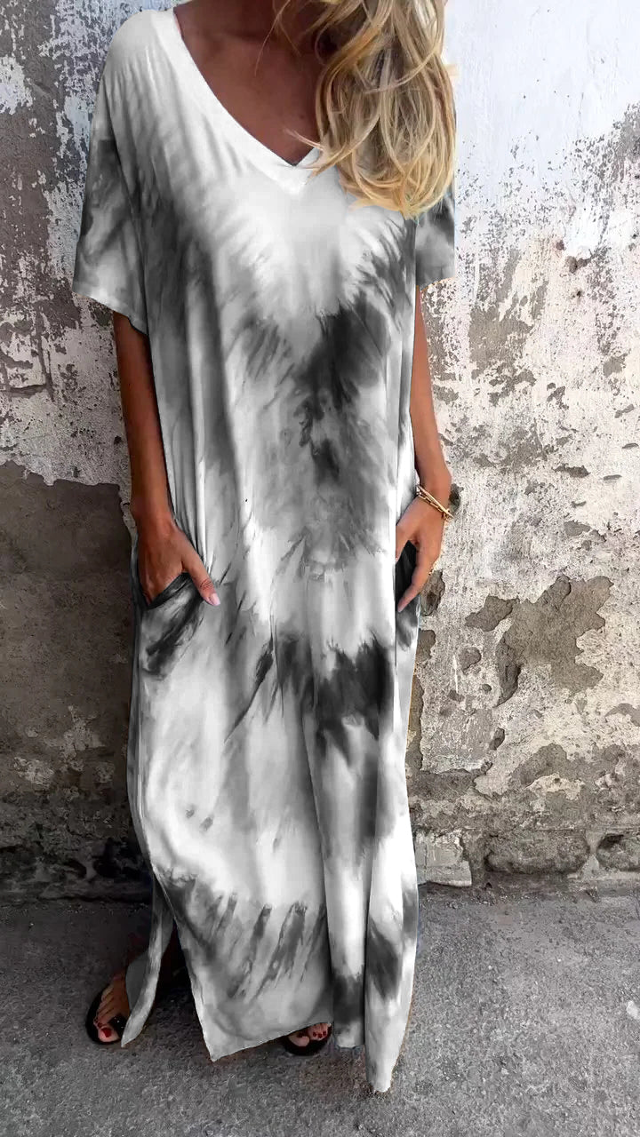 Długa, wygodna sukienka z dekoltem w serek tie-dye