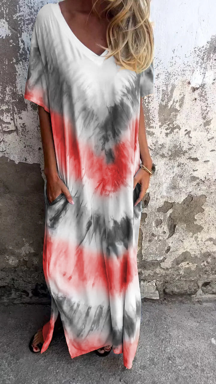 Długa, wygodna sukienka z dekoltem w serek tie-dye